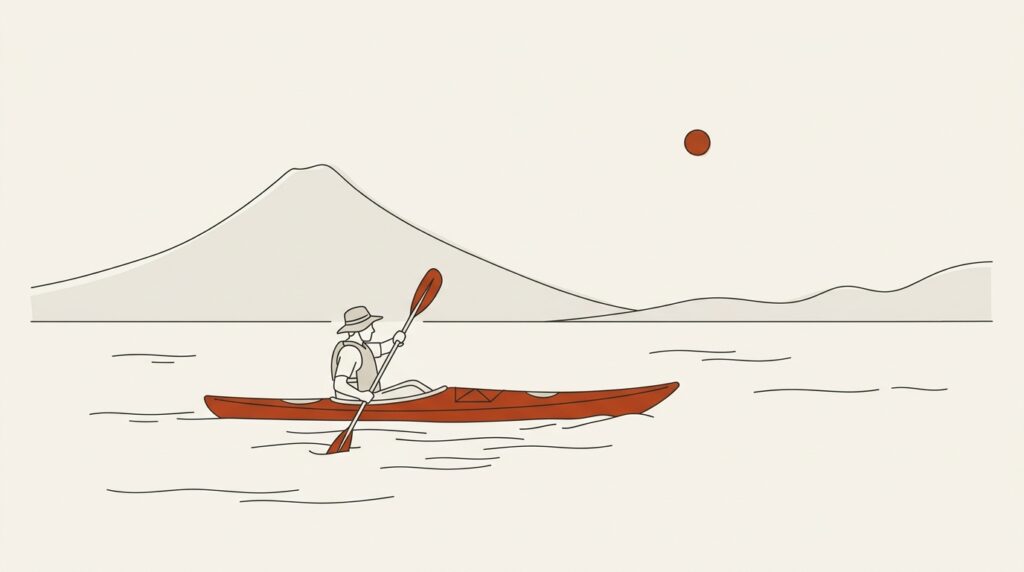 中禅寺湖でカヤックを漕ぐ人と男体山のイラスト